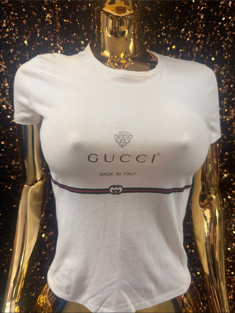 Gucci White Short Sleeve Logo Tee with Web Stripe